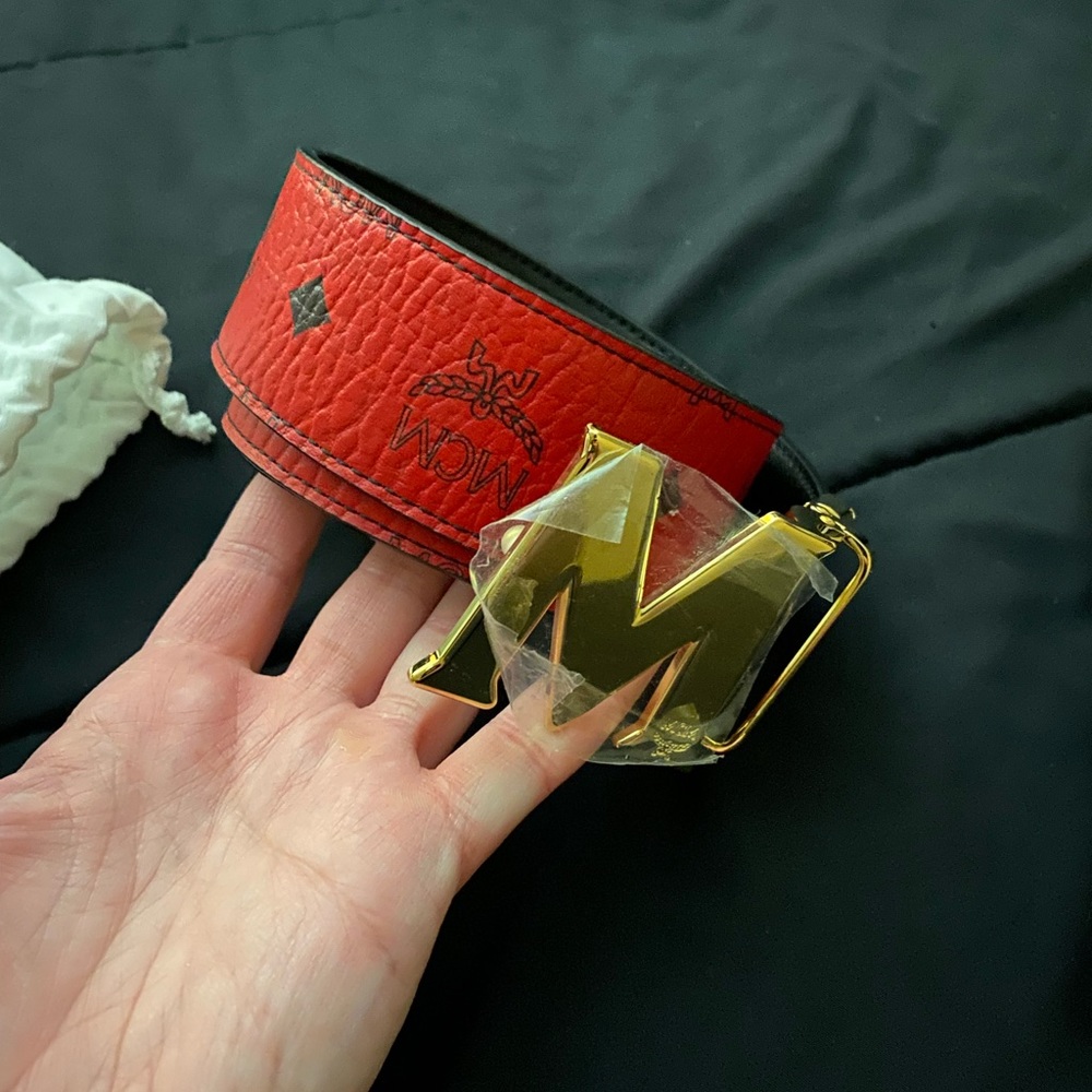 MCM Black and red reversible belt with gold hardware